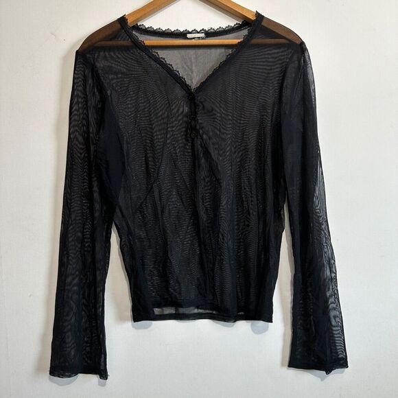 VTG Y2K Womens Medium Black Sheer Mesh Open Front Top Button Whimsigoth Fairy - Picture 1 of 7